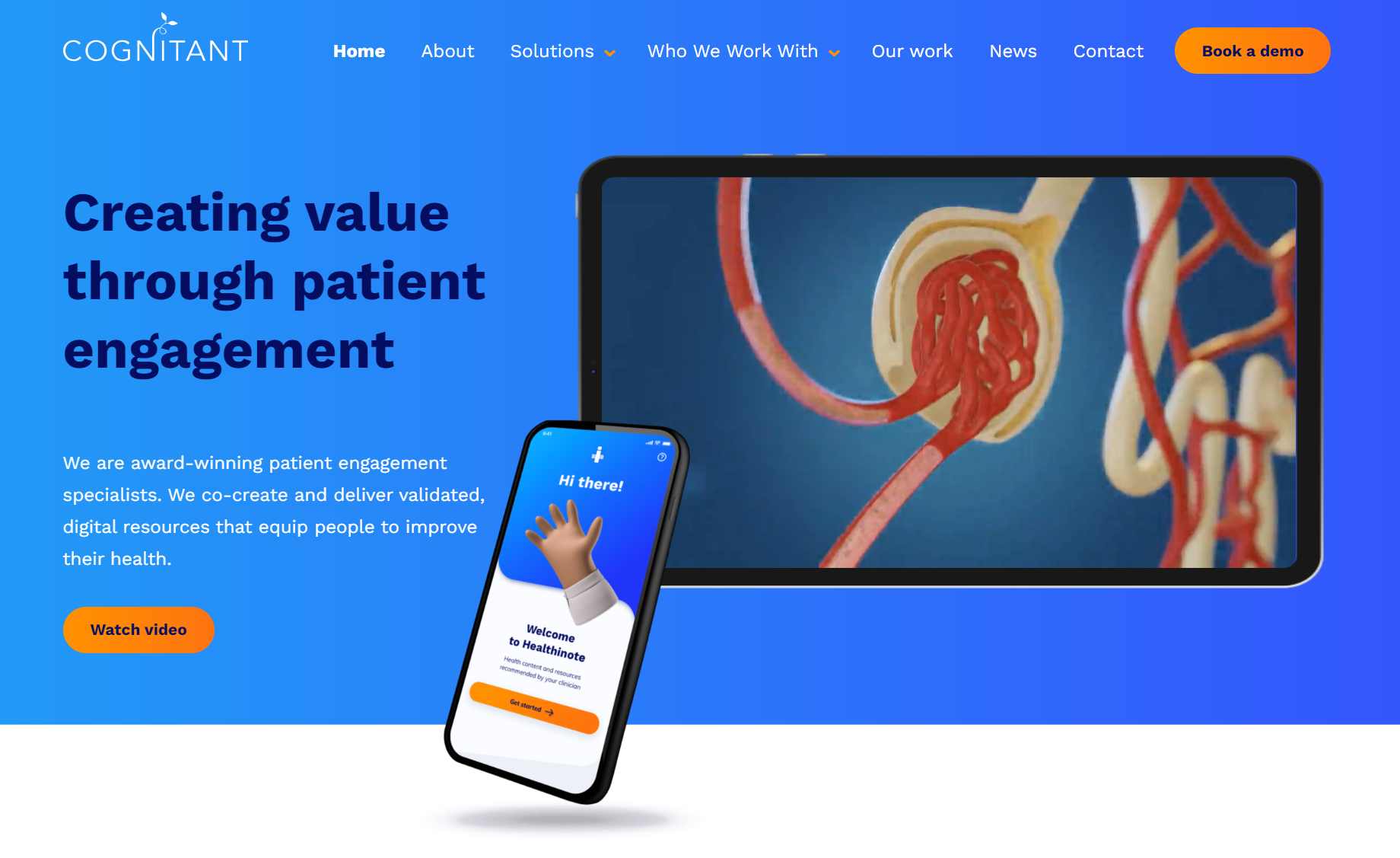 A Cognitant website screenshot showcases patient engagement, featuring a smartphone with a